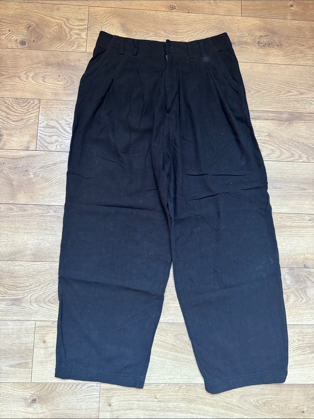 Free People Black Linen Pleated Wide Leg Trousers